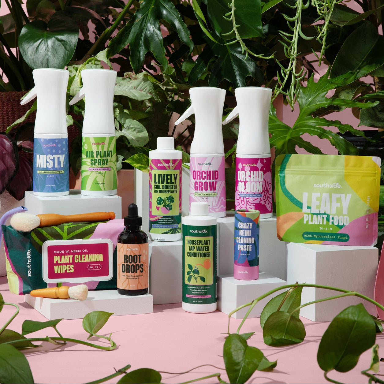 Collection of Southside plant care products with plants in the background
